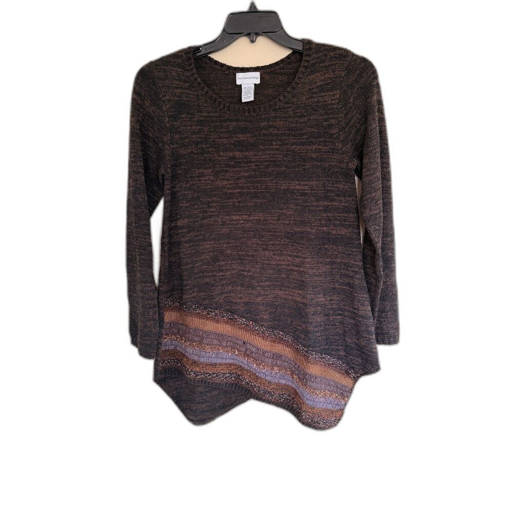 Soft Surroundings Raku Tunic Sweater Asymmetrical Boho Striped Brown S‎
